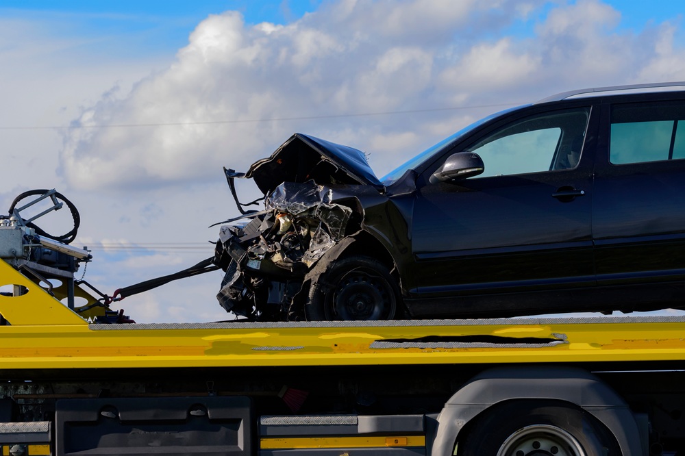 Auto mit Totalschaden wird abgeschleppt